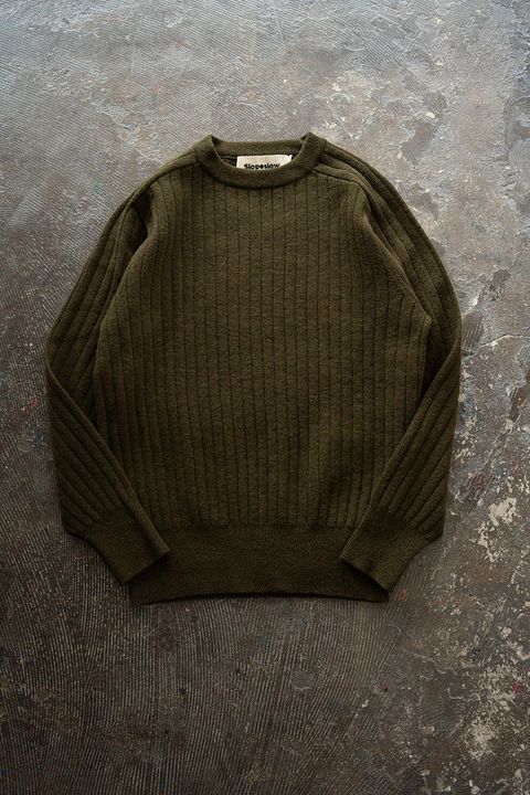 Hard twisted Shetlandwool RIB saddle shoulder crew neck sweater(OLIVE)