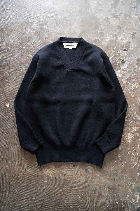 Hard twisted Shetlandwool cross V neck sweater(NAVY)