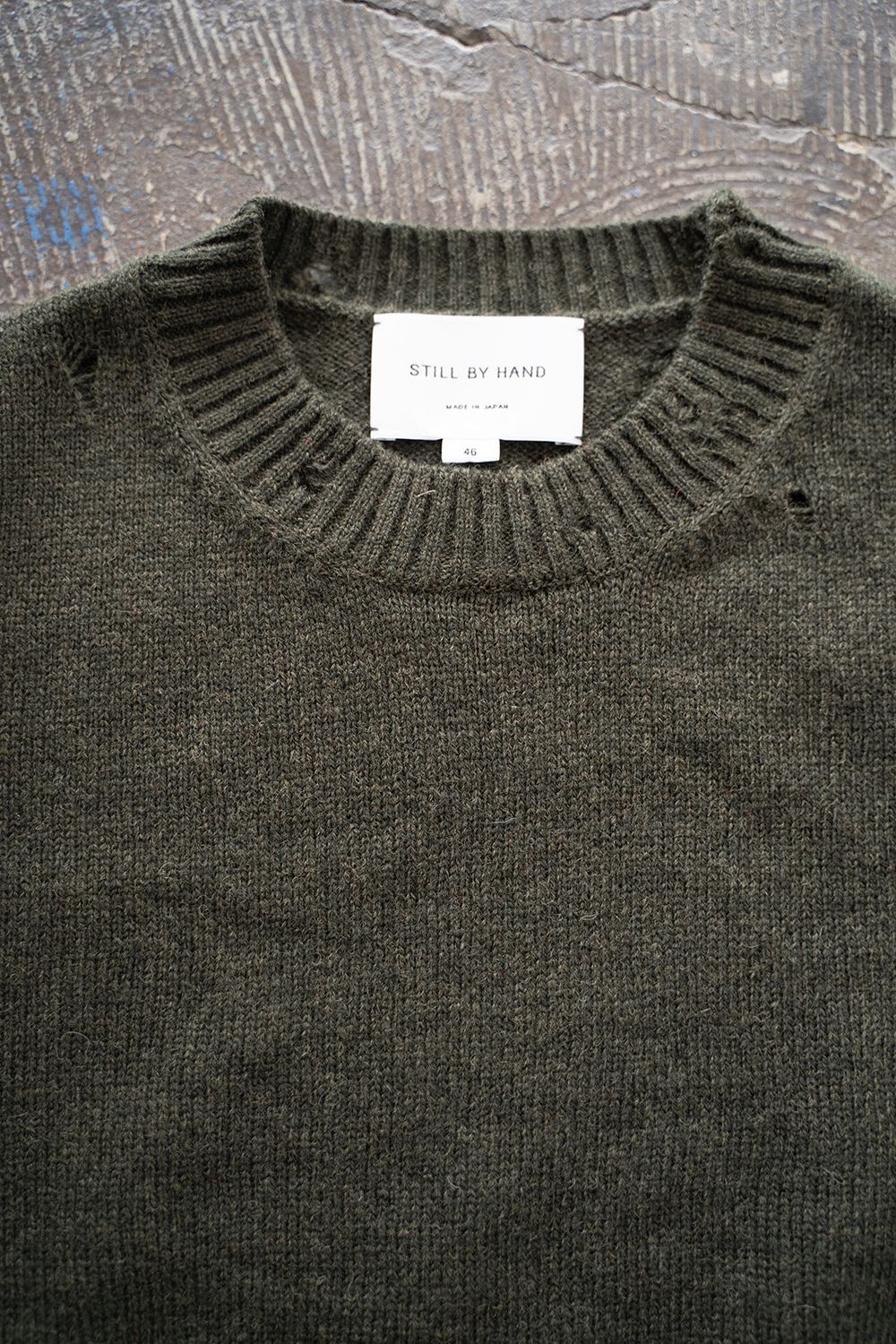 【25AW】ダメージクルーネックニット(KHAKI GREEN)