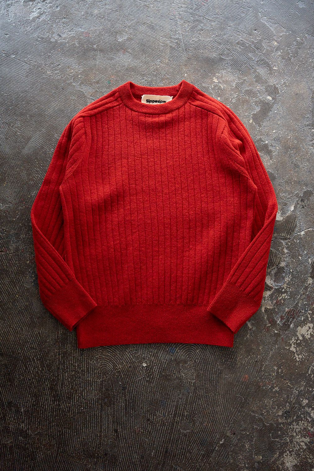 Hard twisted Shetlandwool RIB saddle shoulder crew neck sweater(RED)