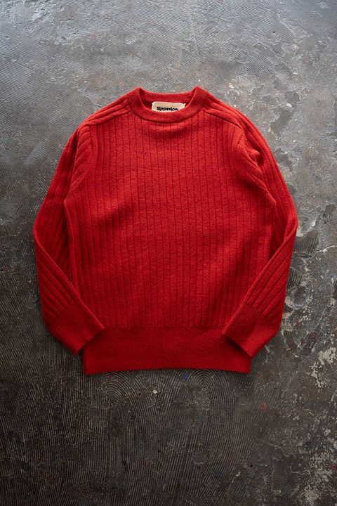 Hard twisted Shetlandwool RIB saddle shoulder crew neck sweater(RED)