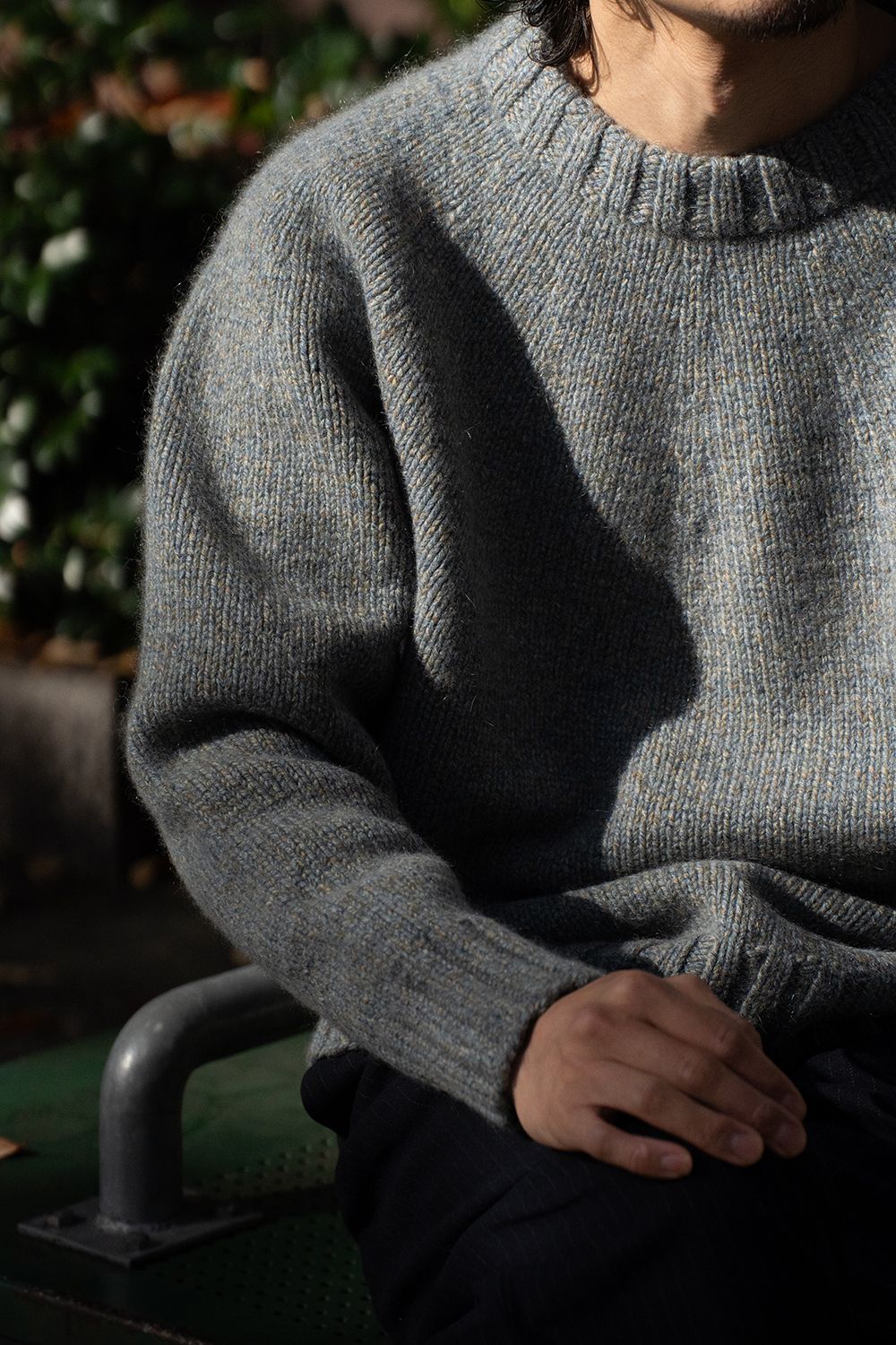 【ラスト1点】yak/lambs multi ply HAND KNITTING yoke top crew neck sweater(FADE BLUE)