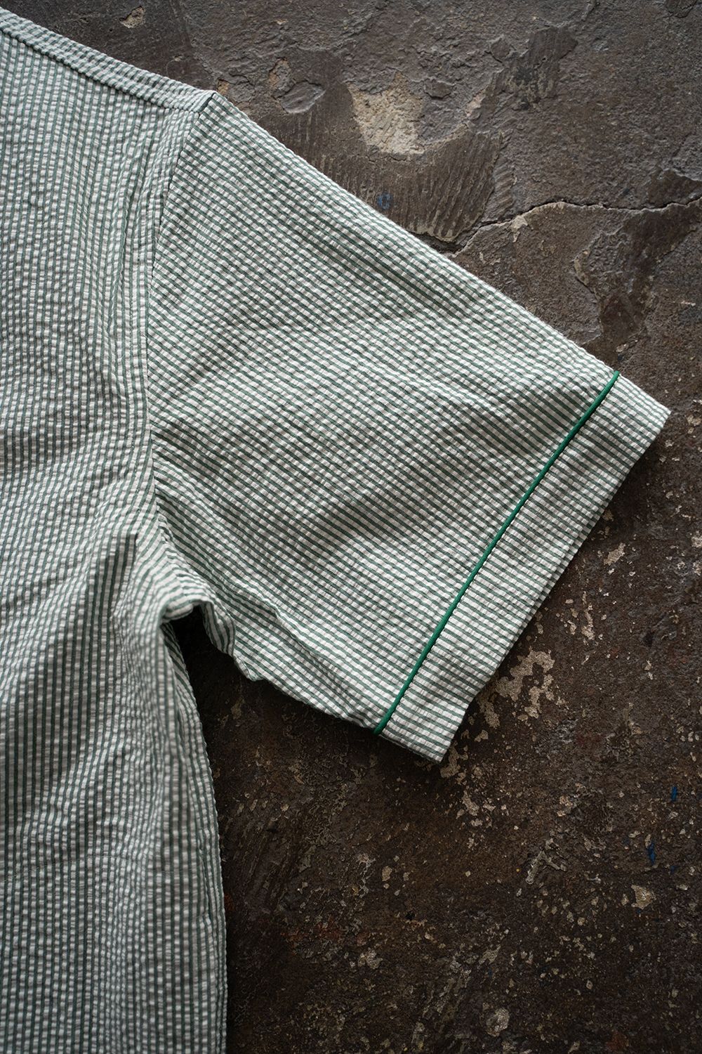 【ラスト1点】【25SS】"nite game"pajama(seersucker GREEN STRIPE)【ユニセックス】【セットアップ】
