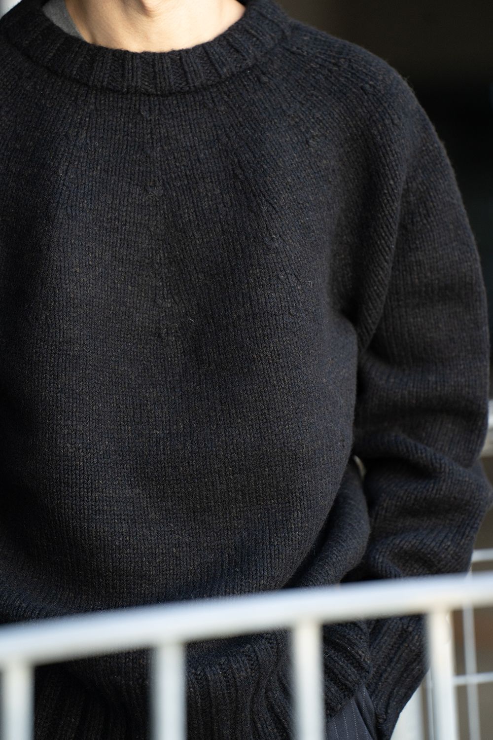 yak/lambs multi ply HAND KNITTING yoke top crew neck sweater(DARK NAVY)