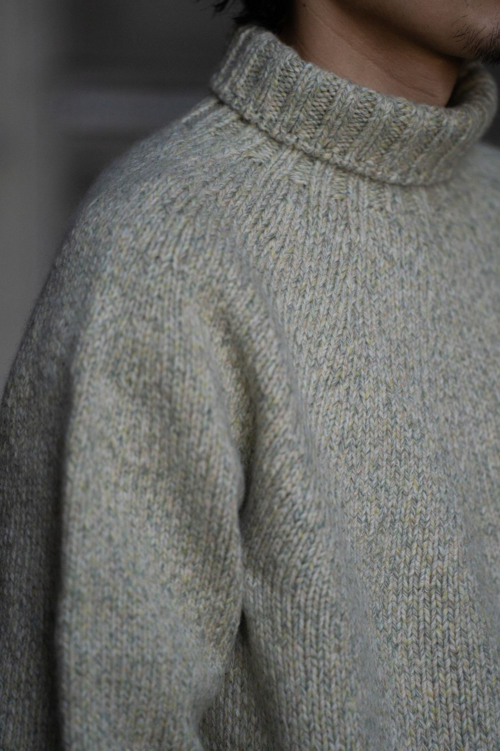 【ラスト1点】yak/lambs multi ply HAND KNITTING yoke top turtle neck sweater(MINT)
