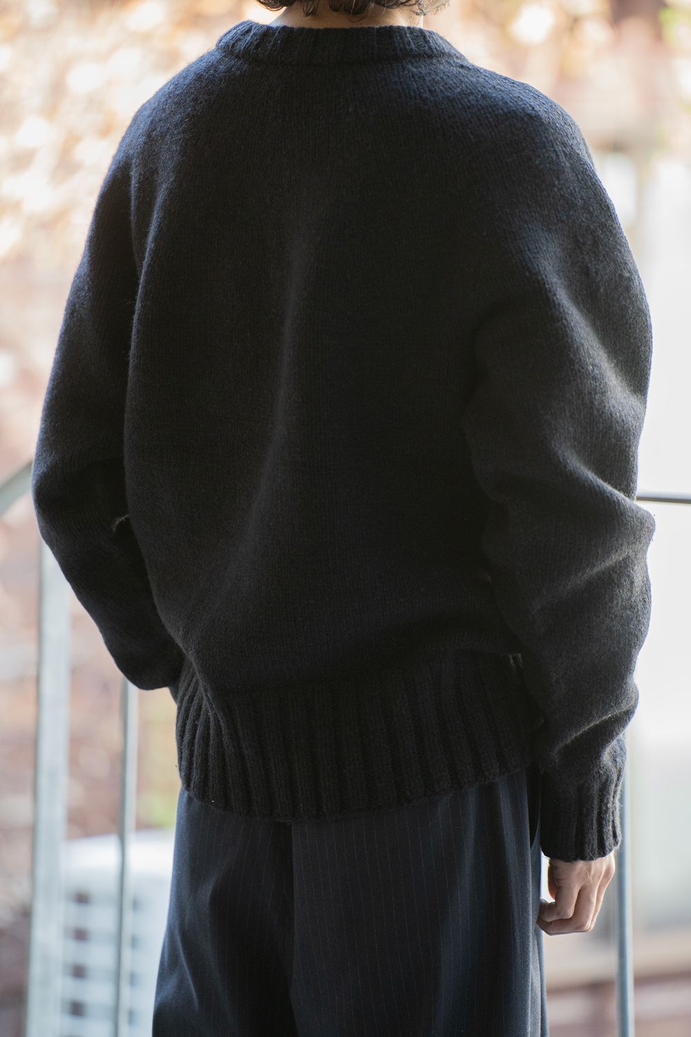 yak/lambs multi ply HAND KNITTING yoke top crew neck sweater(DARK NAVY)