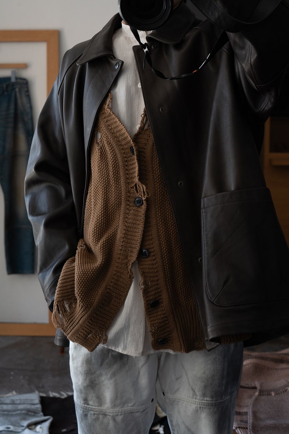 【ラスト1点】【26AW】カウレザーハーフコート(BROWN CHARCOAL)