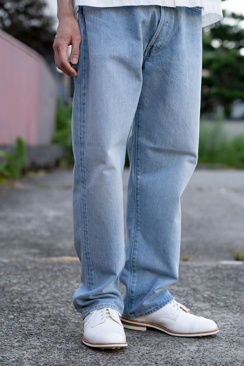 【ラスト1点】本藍スビンコットン13.5ozストレートデニム(LIGHT BLUE DAMAGE)
