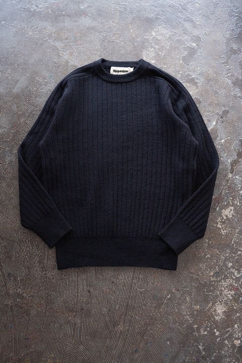 Hard twisted Shetlandwool RIB saddle shoulder crew neck sweater(NAVY)