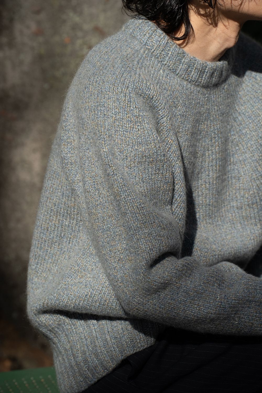 【ラスト1点】yak/lambs multi ply HAND KNITTING yoke top crew neck sweater(FADE BLUE)