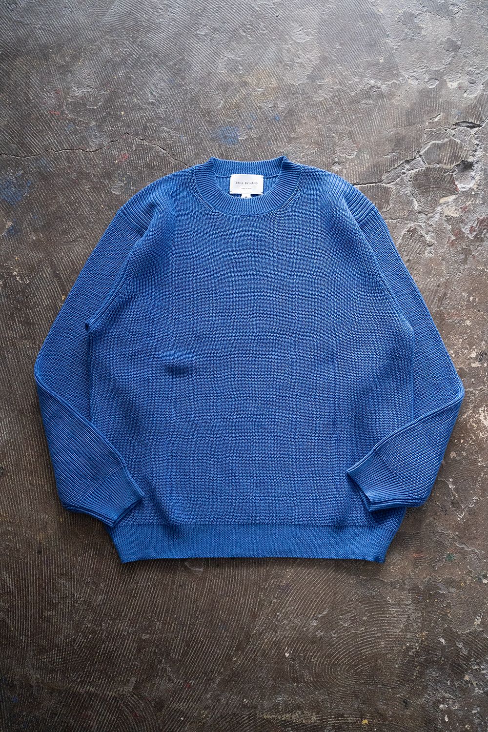 【スローン】日本製 畦編みニット クールネック　毛100％ セーター ブルー　青