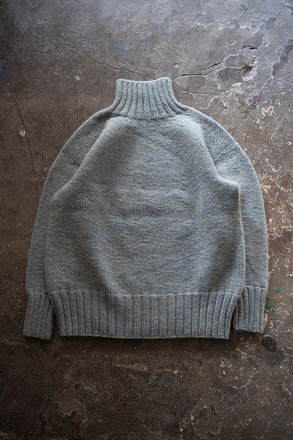 【ラスト1点】yak/lambs multi ply HAND KNITTING yoke top turtle neck sweater(FADE BLUE)