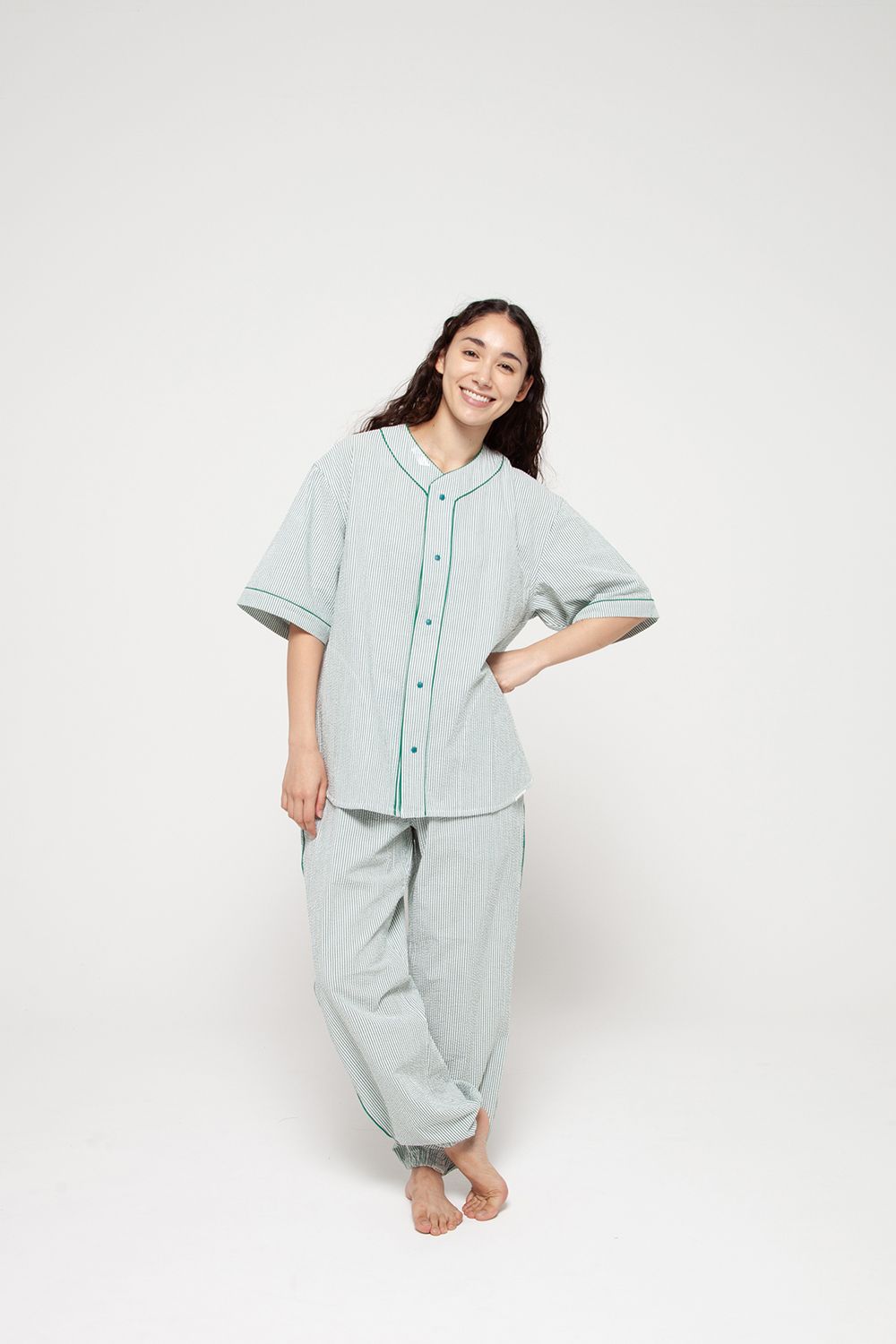 【ラスト1点】【25SS】"nite game"pajama(seersucker GREEN STRIPE)【ユニセックス】【セットアップ】