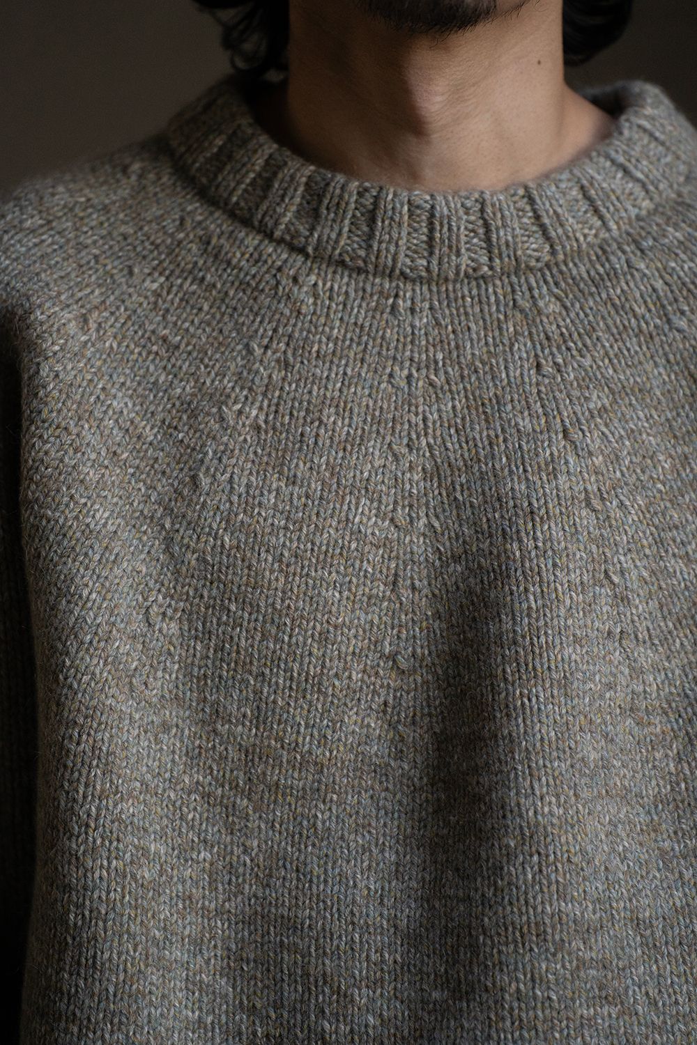 yak/lambs multi ply HAND KNITTING yoke top crew neck sweater(FOG)
