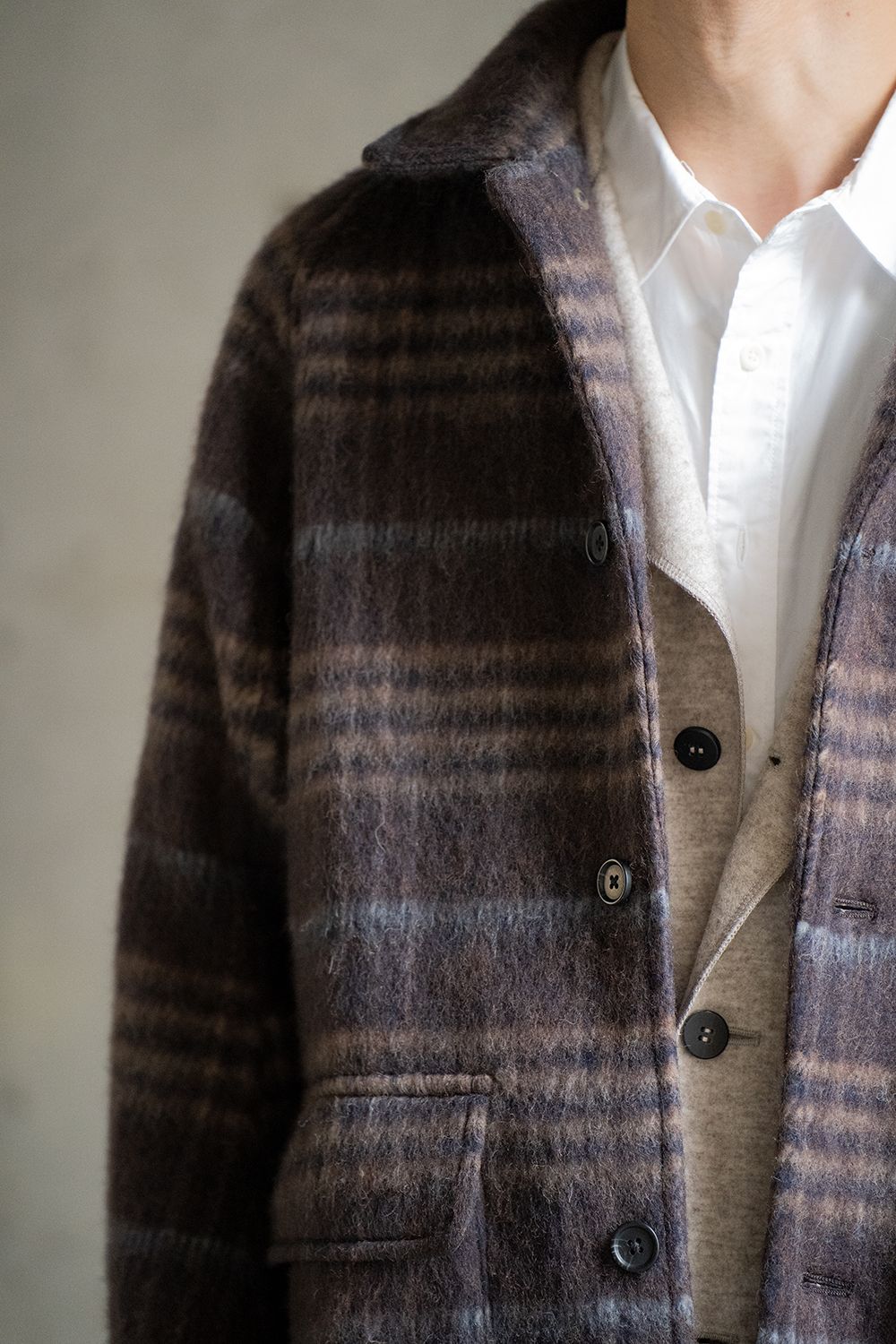 KHONOROGICA - 【ラスト1点】Plaid Wool Melton Bal Collar Coat(BROWN