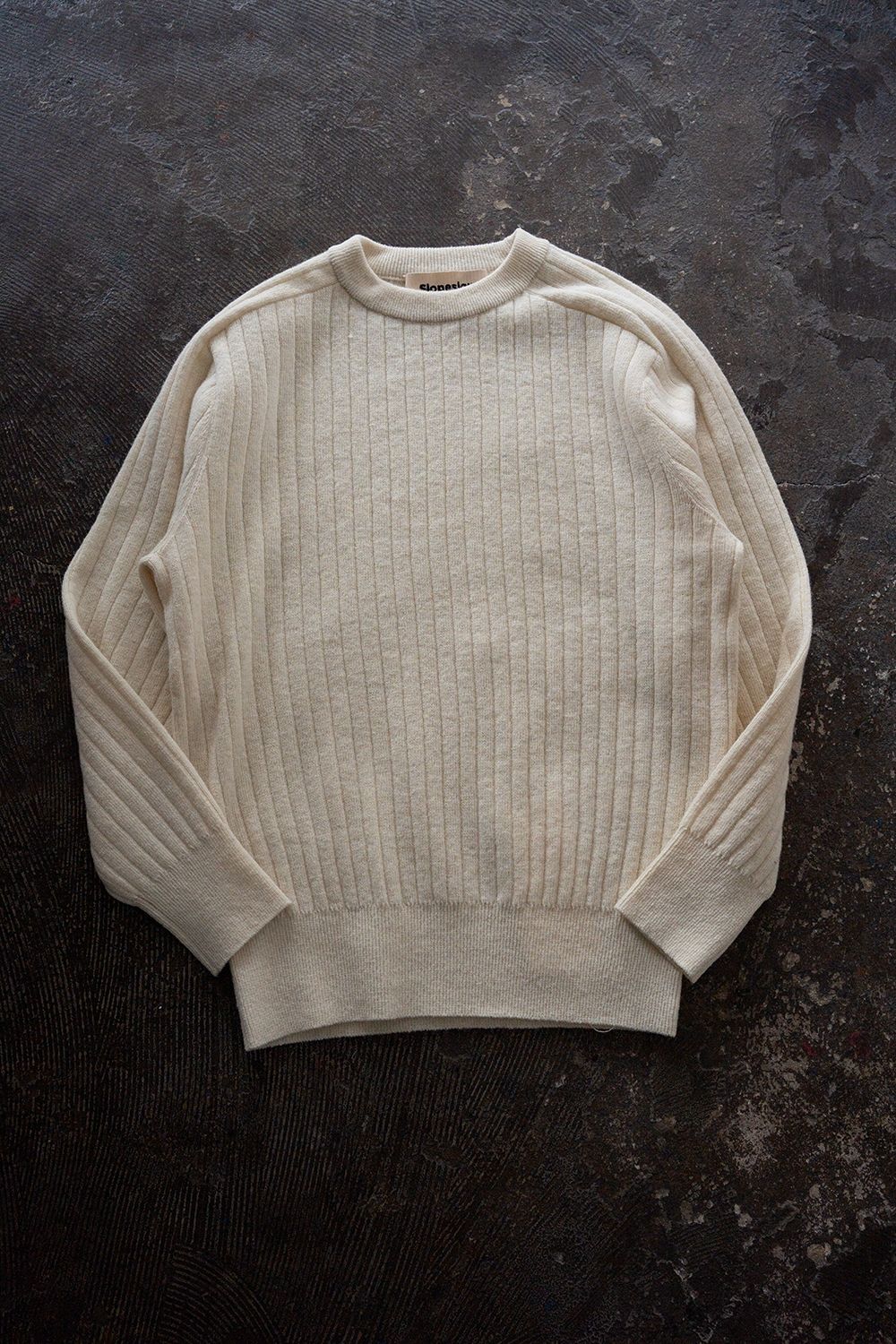 Hard twisted Shetlandwool RIB saddle shoulder crew neck sweater(WHITE)