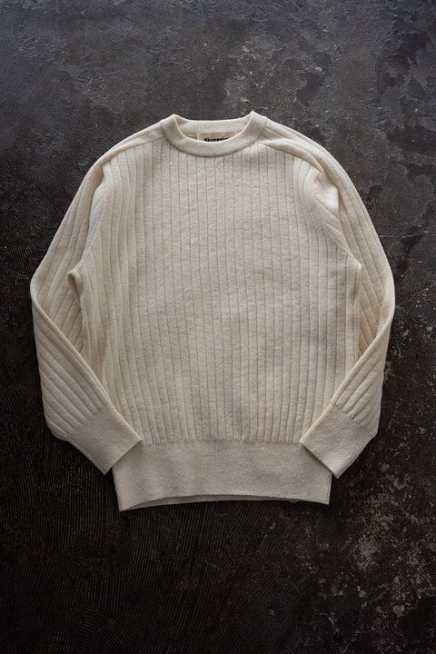 Hard twisted Shetlandwool RIB saddle shoulder crew neck sweater(WHITE)
