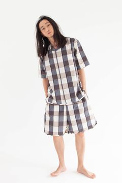 【ラスト1点】"health land"pajama washed cotton/パジャマ(セットアップ)【ユニセックス】(BEIGE×NAVY)