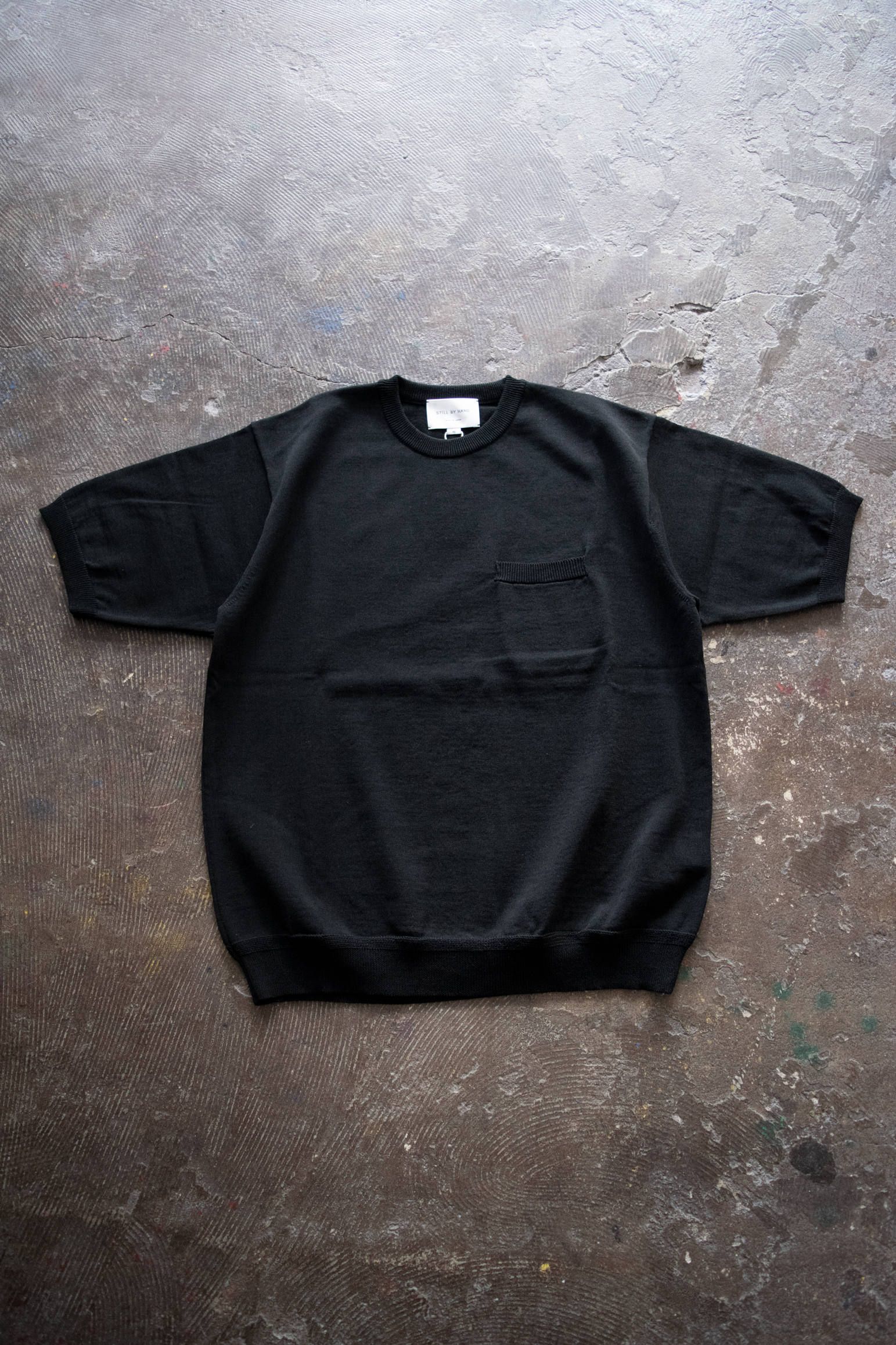 綿×麻×ポリエステル半袖ニットTee(BLACK)
