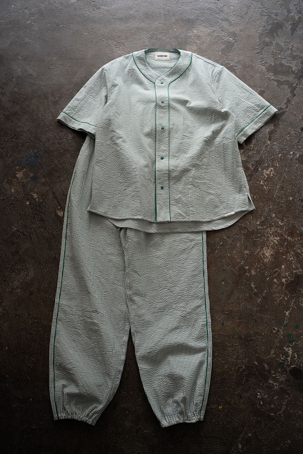 【ラスト1点】【25SS】"nite game"pajama(seersucker GREEN STRIPE)【ユニセックス】【セットアップ】