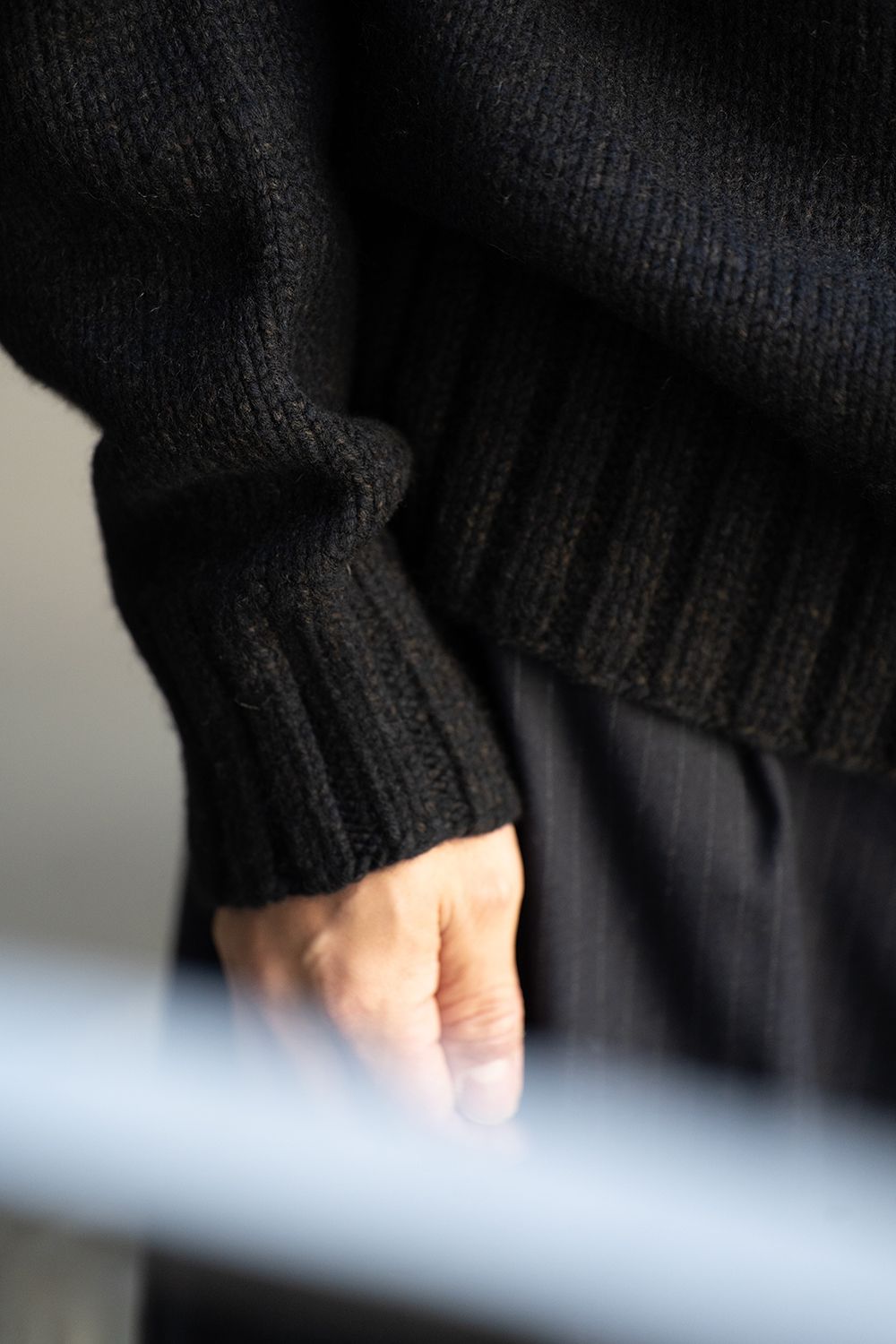 yak/lambs multi ply HAND KNITTING yoke top crew neck sweater(DARK NAVY)