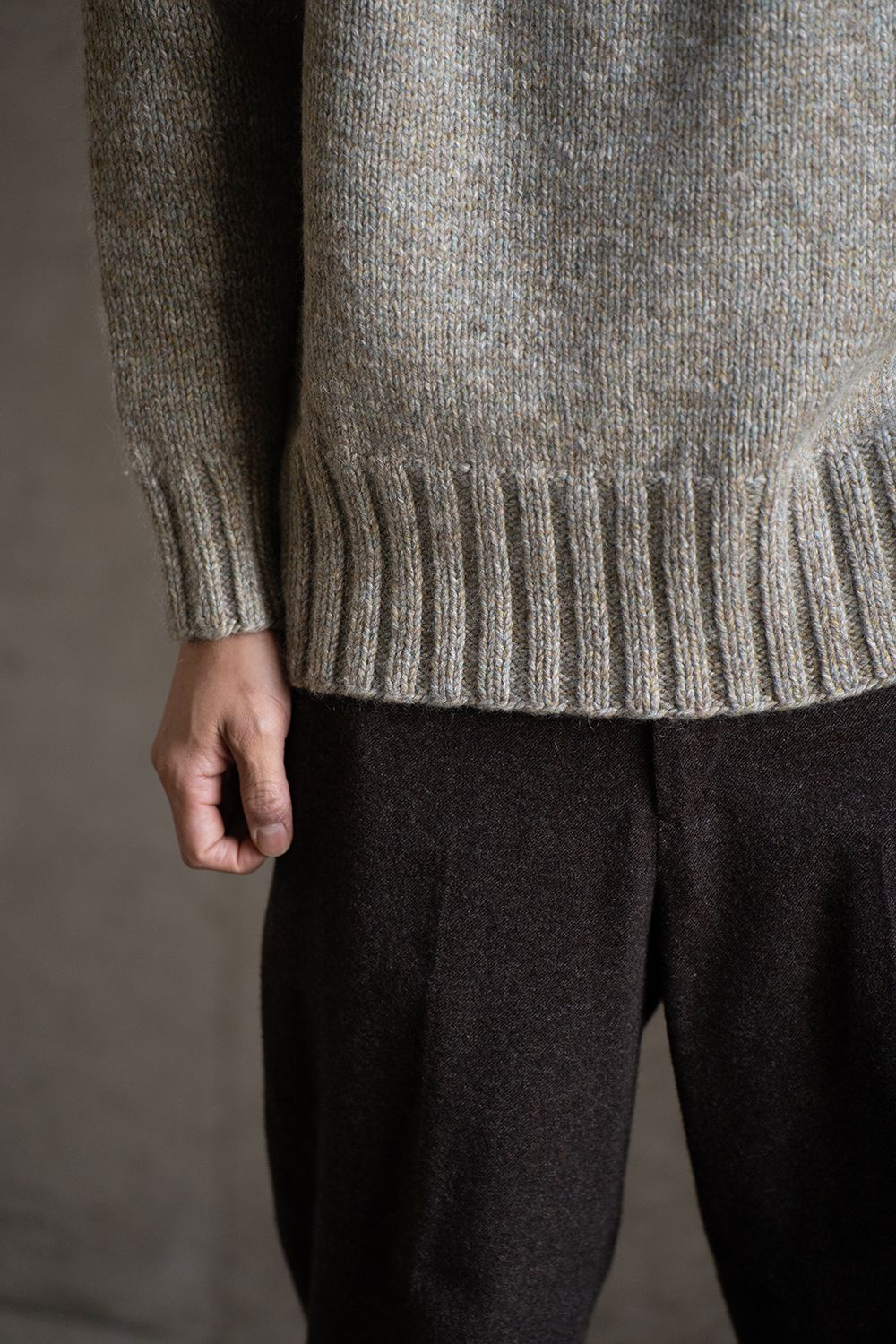 yak/lambs multi ply HAND KNITTING yoke top crew neck sweater(FOG)