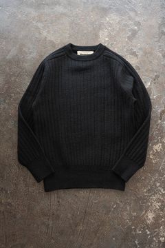 Hard twisted Shetlandwool RIB saddle shoulder crew neck sweater(BLACK)