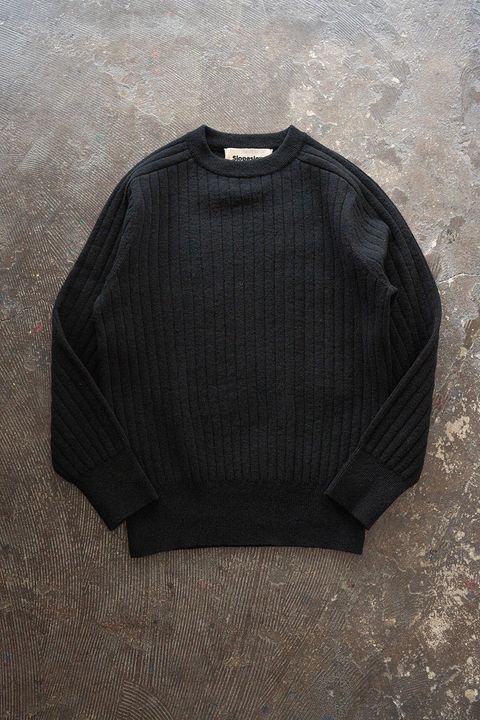 Hard twisted Shetlandwool RIB saddle shoulder crew neck sweater(BLACK)