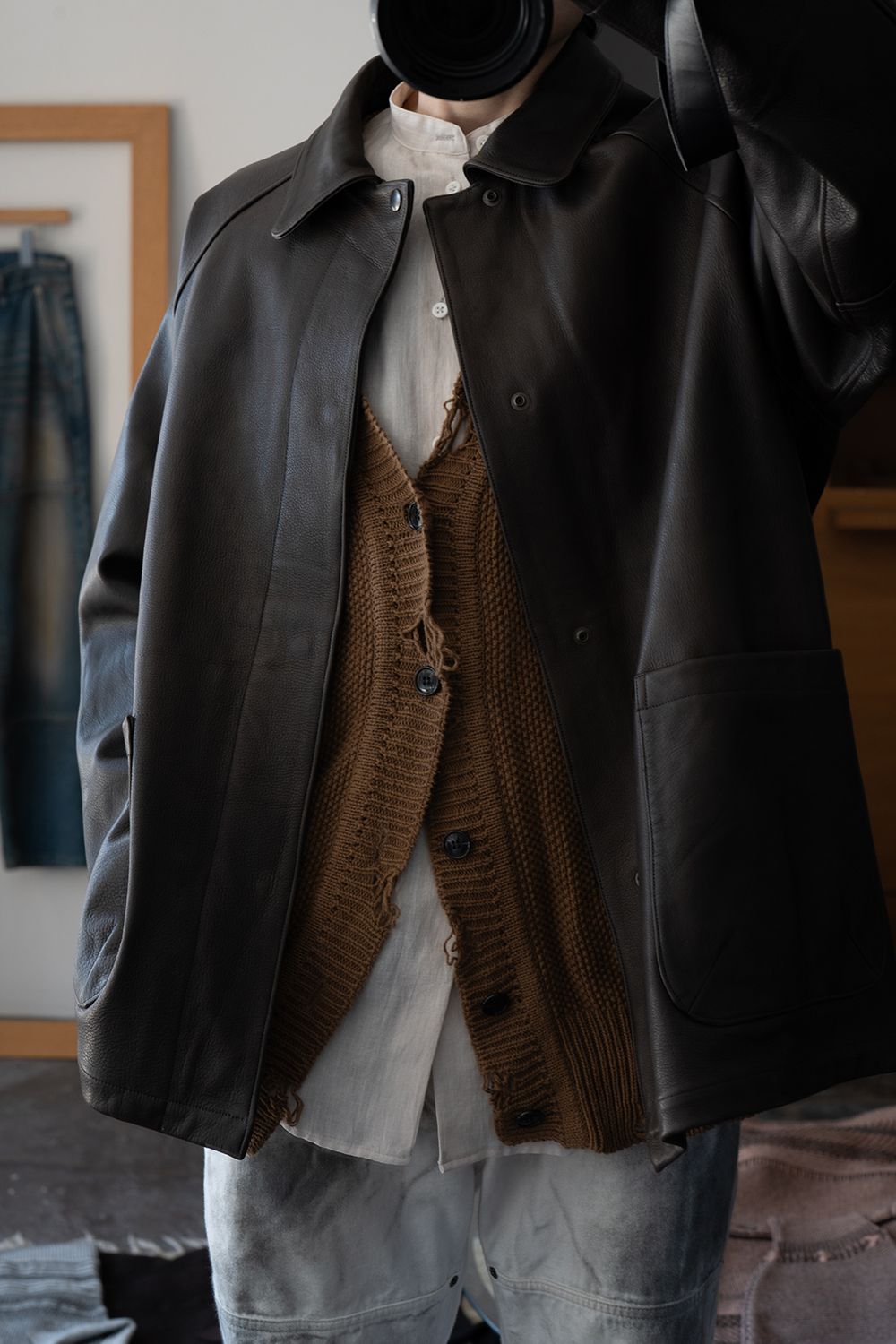 【ラスト1点】【26AW】カウレザーハーフコート(BROWN CHARCOAL)