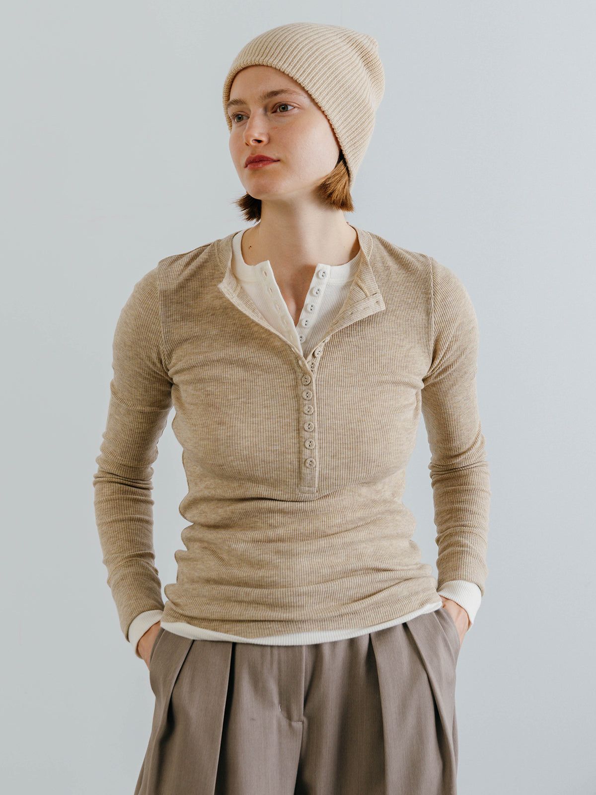 HENLY NECK LONG SLEEVE TEE (Beige) / ヘンリーネック ロンT (ベージュ) / 26SS