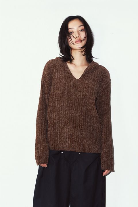 ブークレ ニット フーディ (ブラウン) rib hoodie boucle knit (Brown) / 26AW