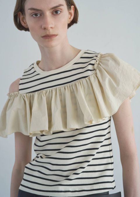 ショルダーフリル ボーダートップス (アイボリー) convertible shoulder frill border tops (Ivory) /  26SS
