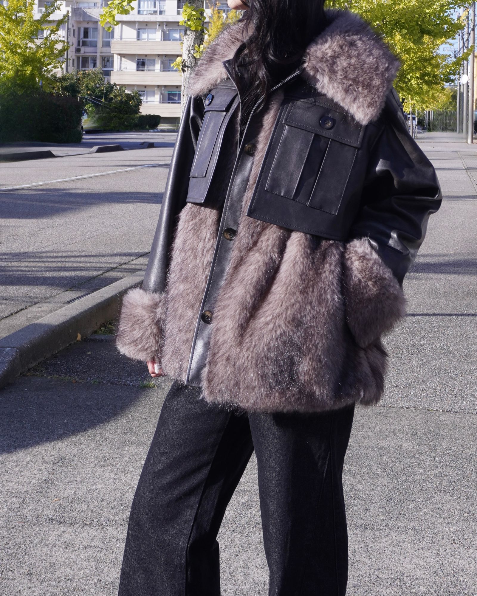 【25AW】Leather Docking Fur Jacket (ブラック) / レザードッキングファージャケット / エコファー / フェイクファー