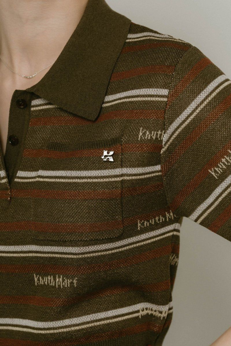 logo stripe polo knit / ロゴストライプ ニットポロシャツ ショート丈 (カーキ) / 25SS