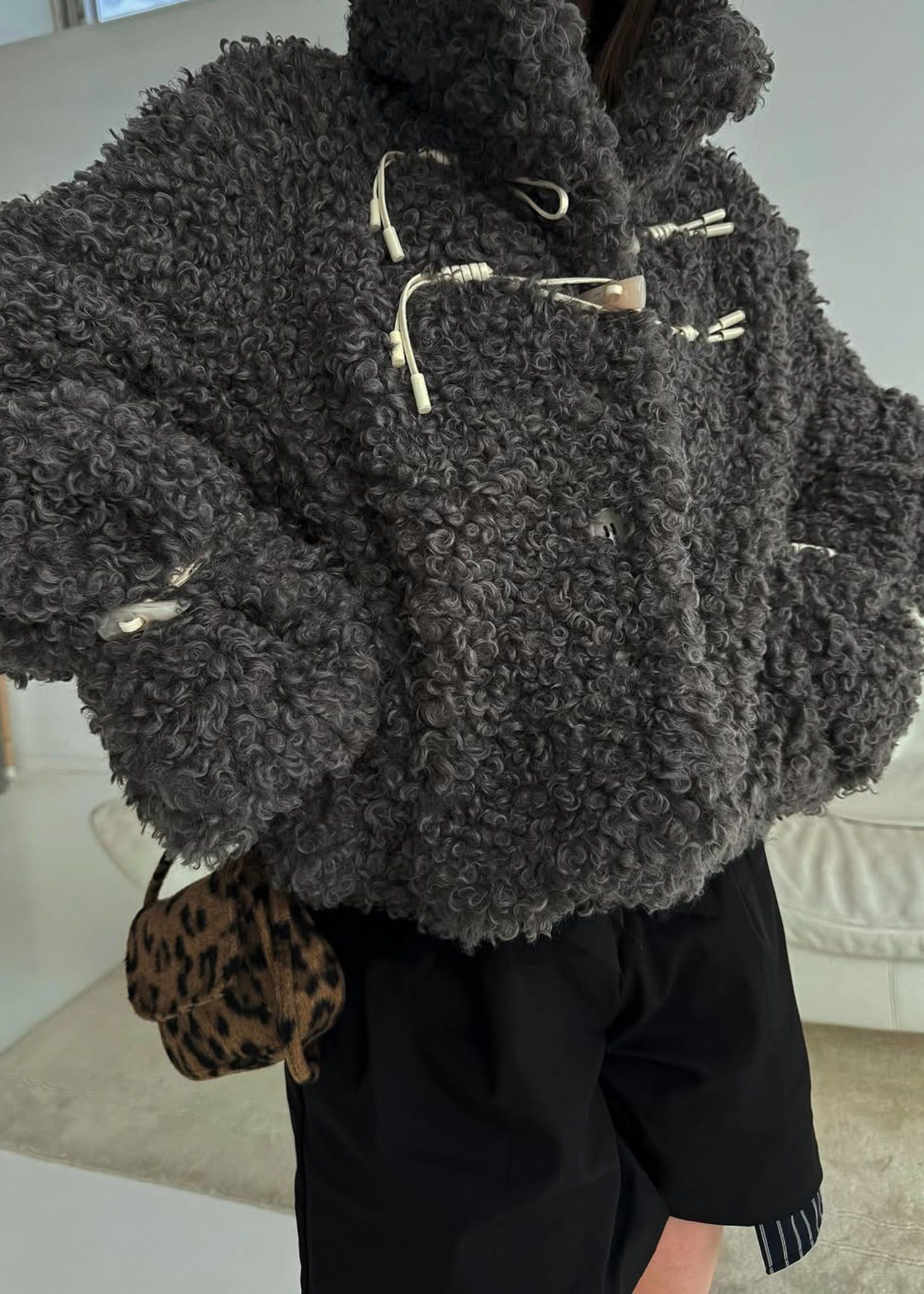 poodle fur cord toggle short JK / プードルファー トグルショートジャケットコート (チャコール) / 25AW