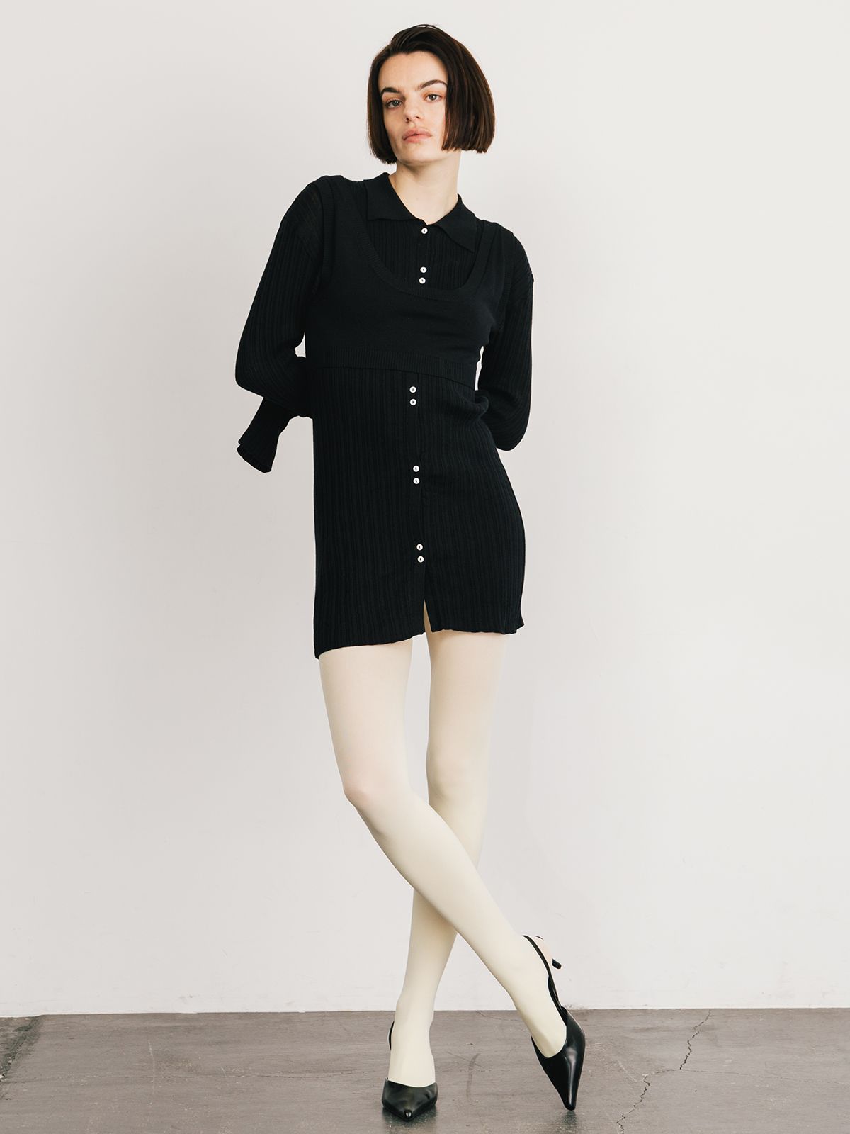 【25SS】KNIT BUSTIER LONG SHIRTS / ニットビスチェ ロングシャツ (ブラック)