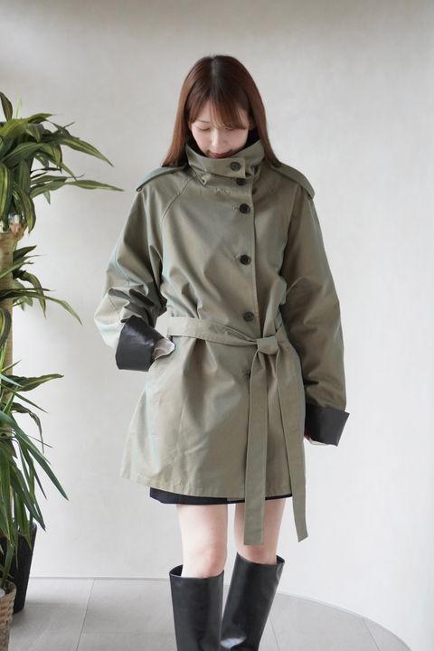 【26TH-05】スタンドカラートレンチコート (カーキ) Stand collar trench (Khaki) /  エコファー  /  フェイクファー
