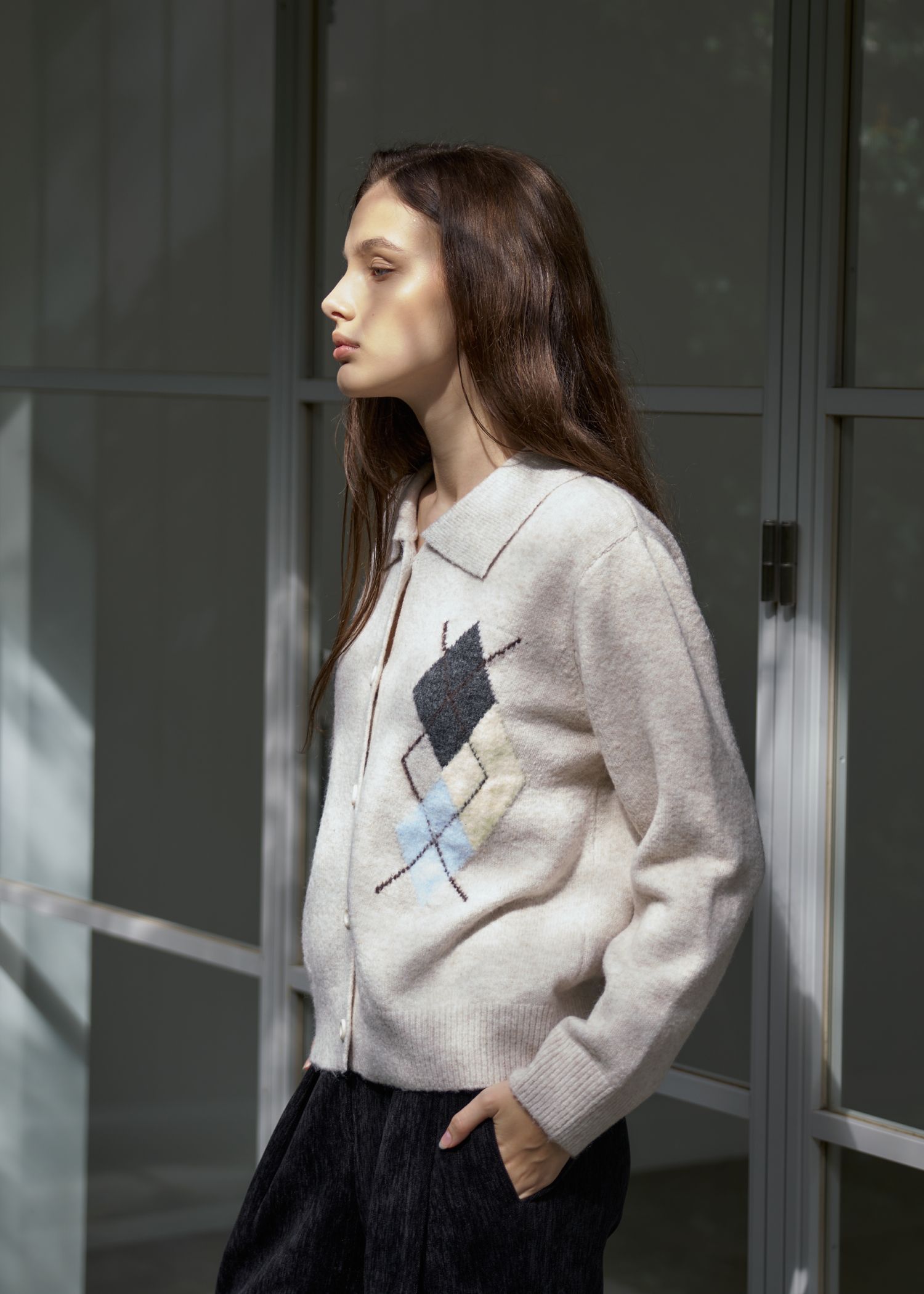 chic soft touch argyle knit cardigan / ソフトタッチ アーガイルニットカーディガン (ベージュ) / 25AW /