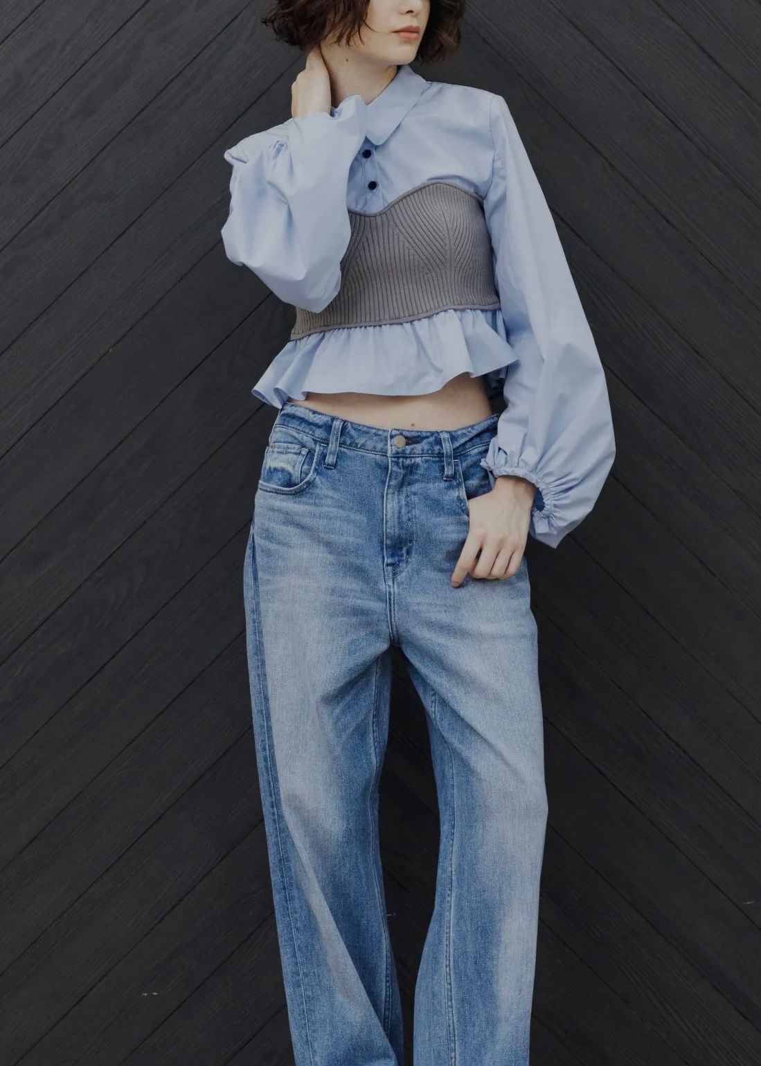 knit bustier docking peplum BL / ニットビスチェ ドッキングペプラムブラウス (サックス) / 25AW