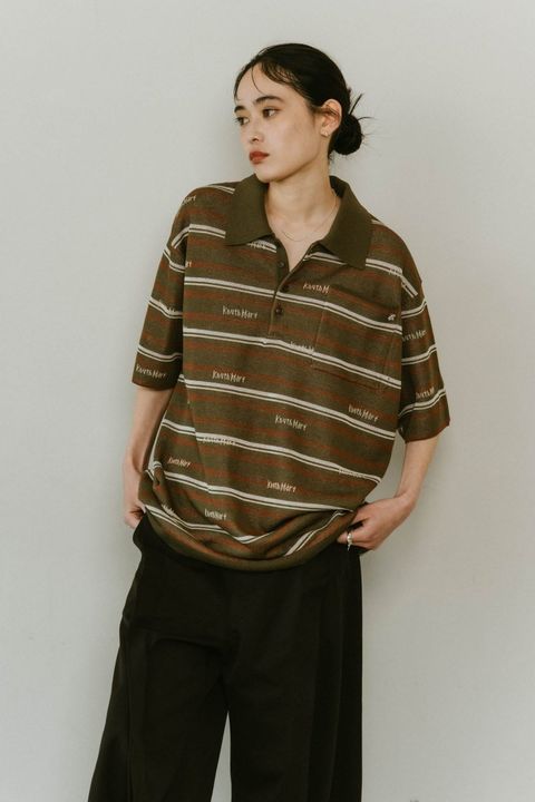 ロゴストライプ ニットポロシャツ レギュラー丈 (カーキ) logo stripe polo knit (unisex)