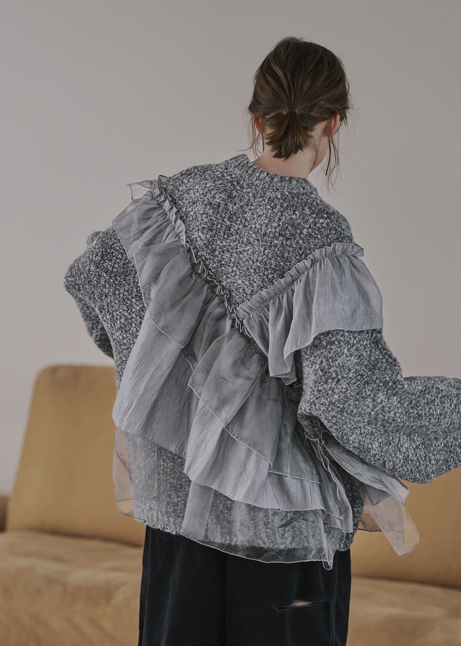 random frill placement volume sleeve knit / ランダムフリルニット (チャコール) / 25AW /