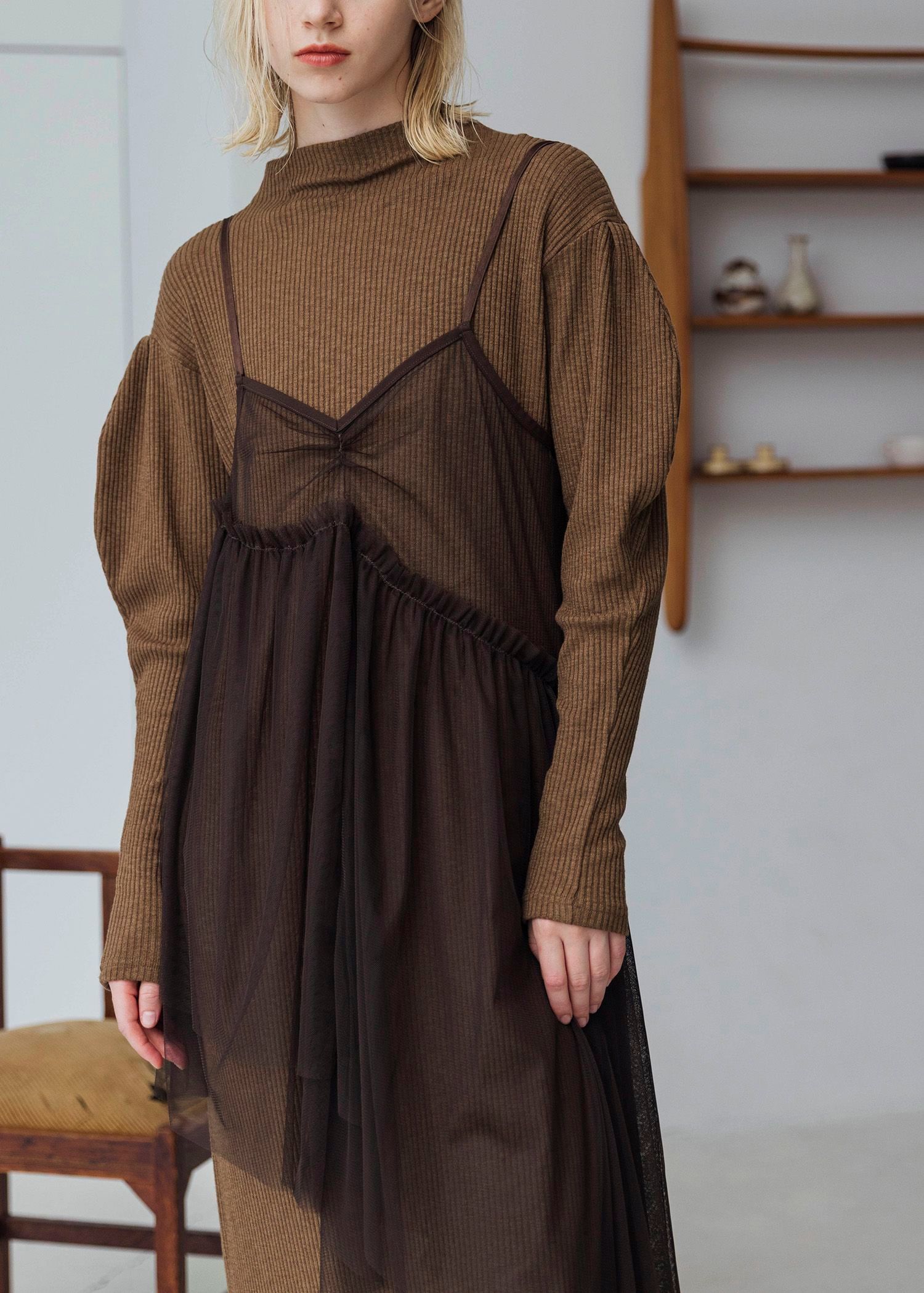 asymmetry layered tulle cami OP / アシンメトリー レイヤードチュールキャミワンピース (ブラウン) / 25AW /