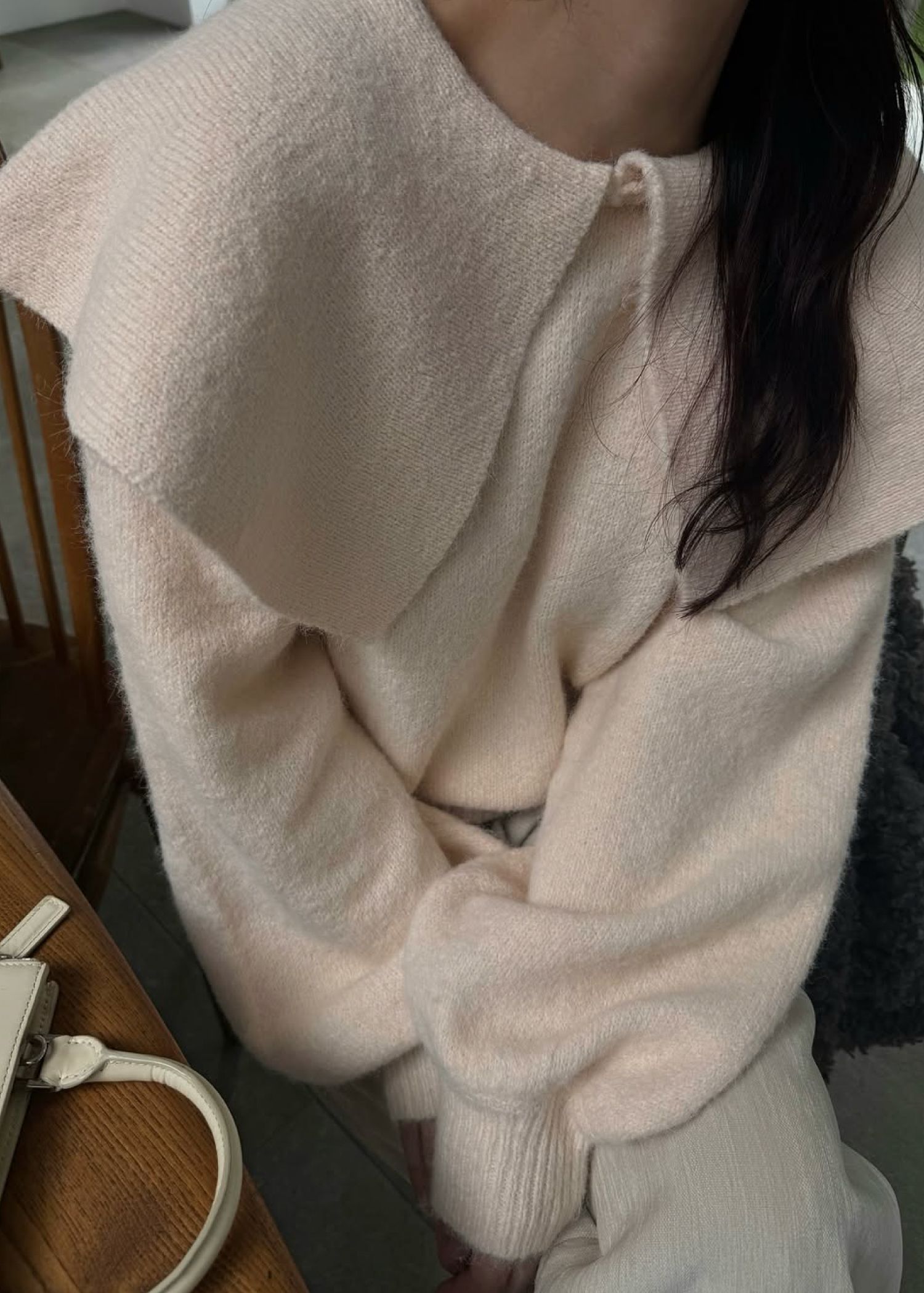 overlay big collar volume sleeve knit / ビッグカラー ボリュームスリーブニット (ベビーピンク) / 25AW /