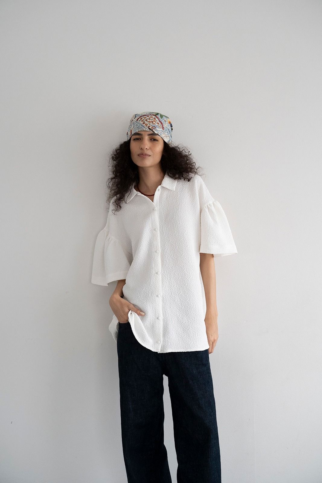 ふくれジャカードギャザースリーブブラウス (ホワイト)  Puffy Jacquard Blouse (White) /  26SS