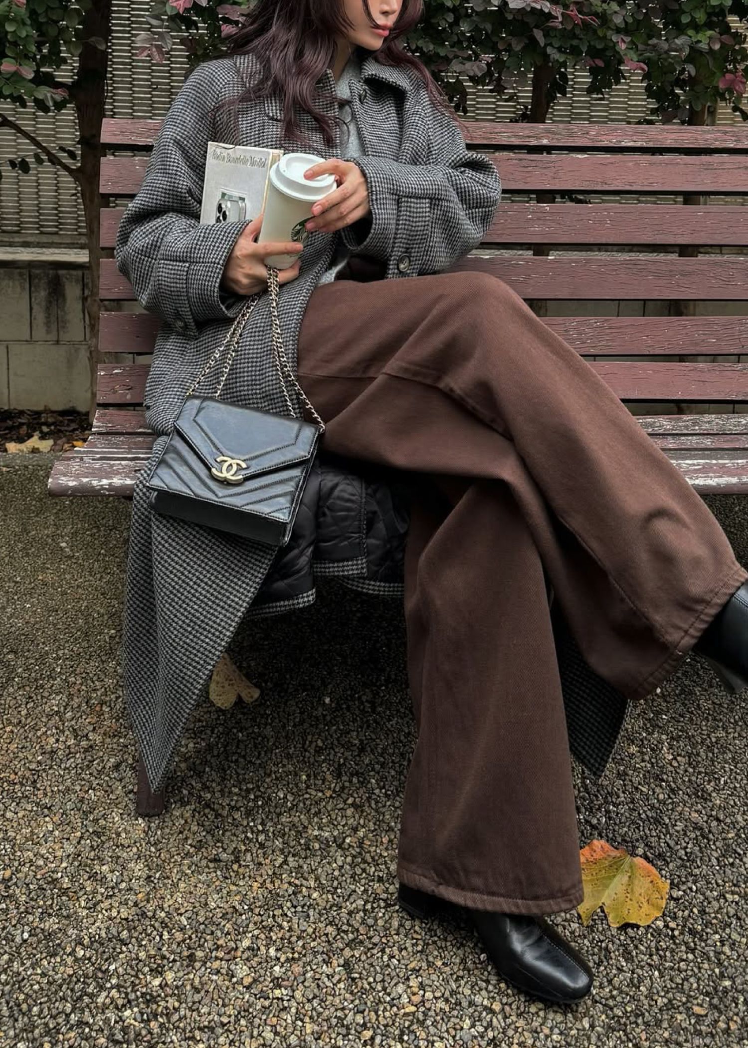 hound tooth soutien collar quilting coat / ハウンドトゥース ステンカラーコート (チャコール) / 25AW /