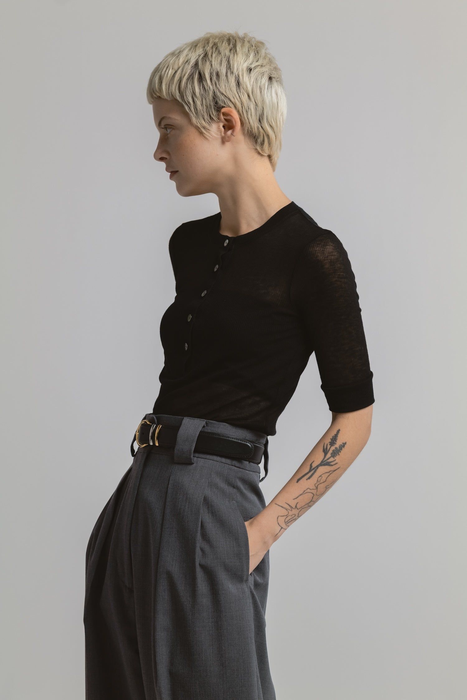 ヘンリートップス (ブラック) TENCEL CASHMERE HENLEY TOP (Black) / 26SS