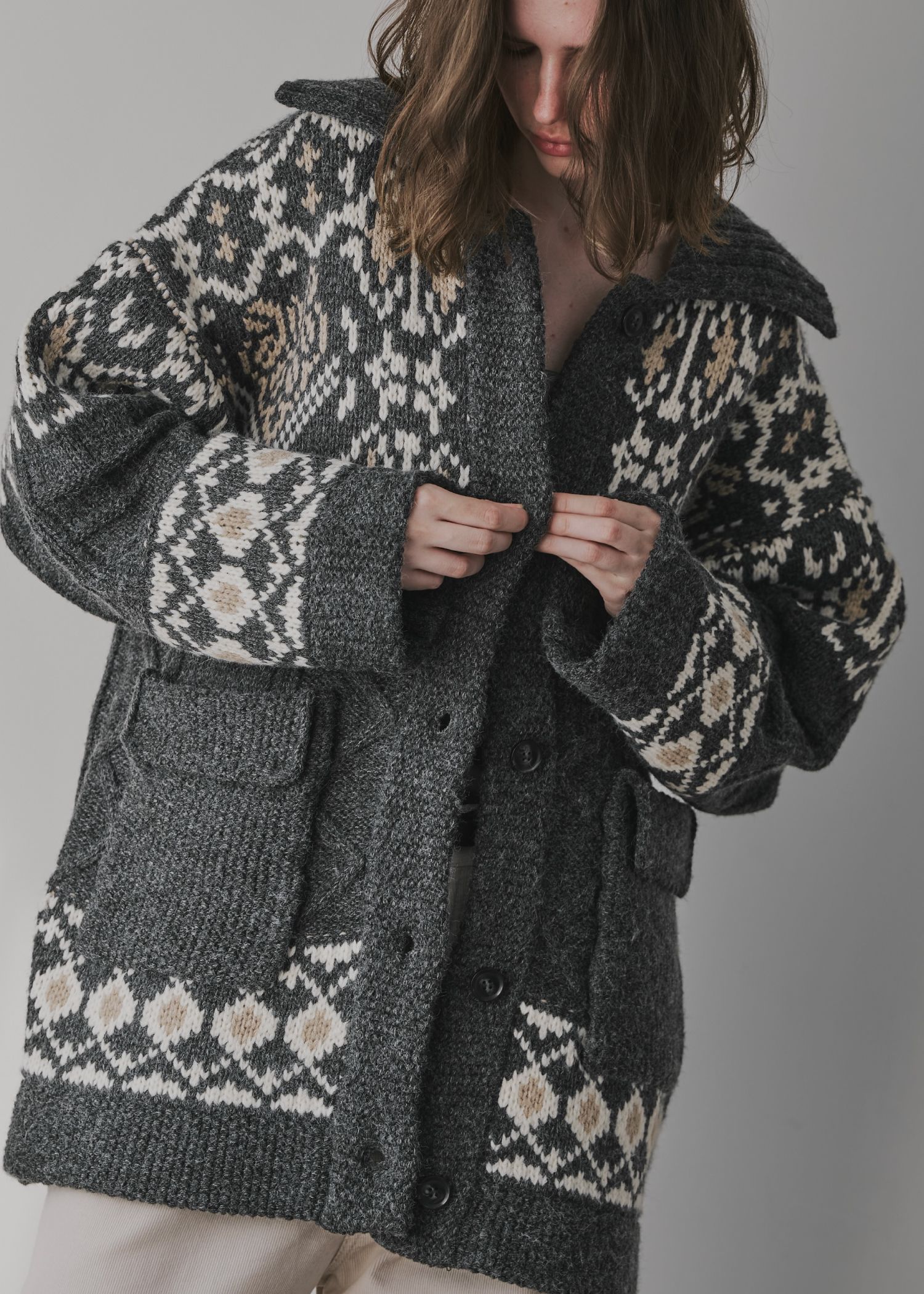 nordic pattern knit cowichan jacket / ノルディック カウチンニットジャケット (チャコール) / 25AW /