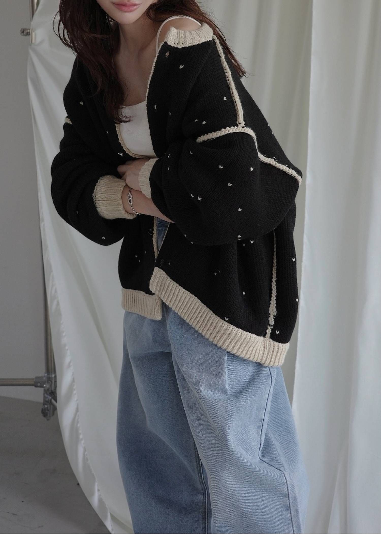 【ロング】ハートドット リバーシブルカーディガン (タン×ブラック) long heart dot jacquard reversible knit cardigan (tan×black) /  26SS