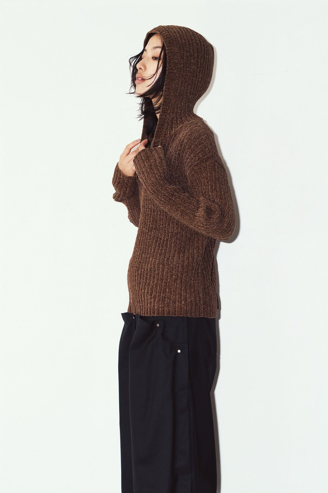 ブークレ ニット フーディ (ブラウン) rib hoodie boucle knit (Brown) / 26AW