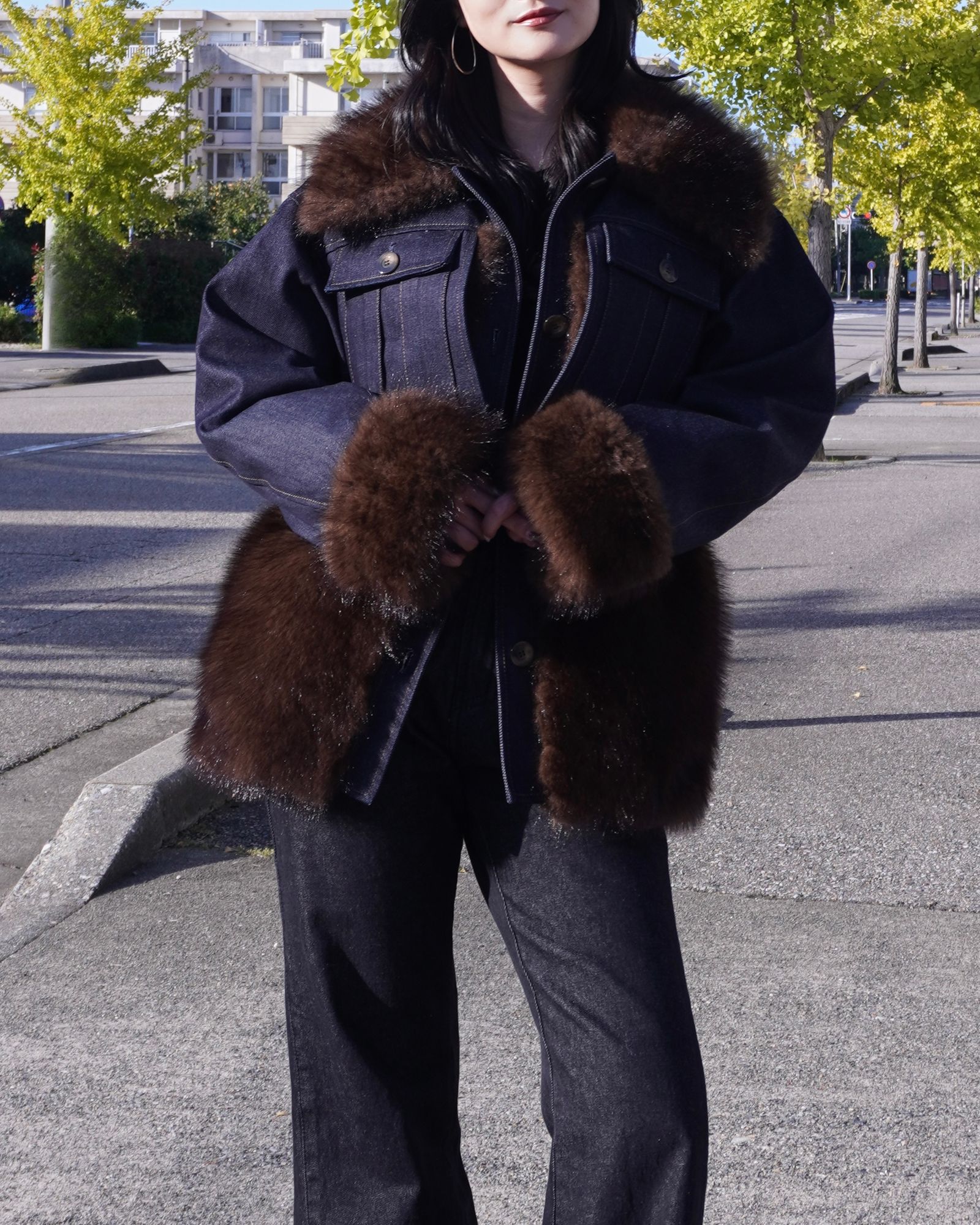 【25AW】Denim Docking Fur Jacket (ダークネイビー) / デニムドッキングファージャケット / エコファー / フェイクファー